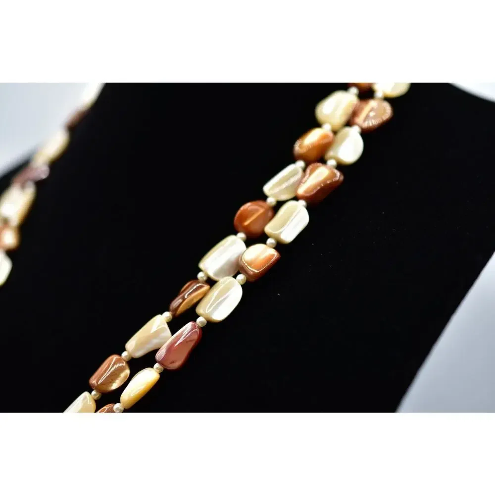 Vintage Necklace Long Stone Beaded Neutral Beige Brown White 48
